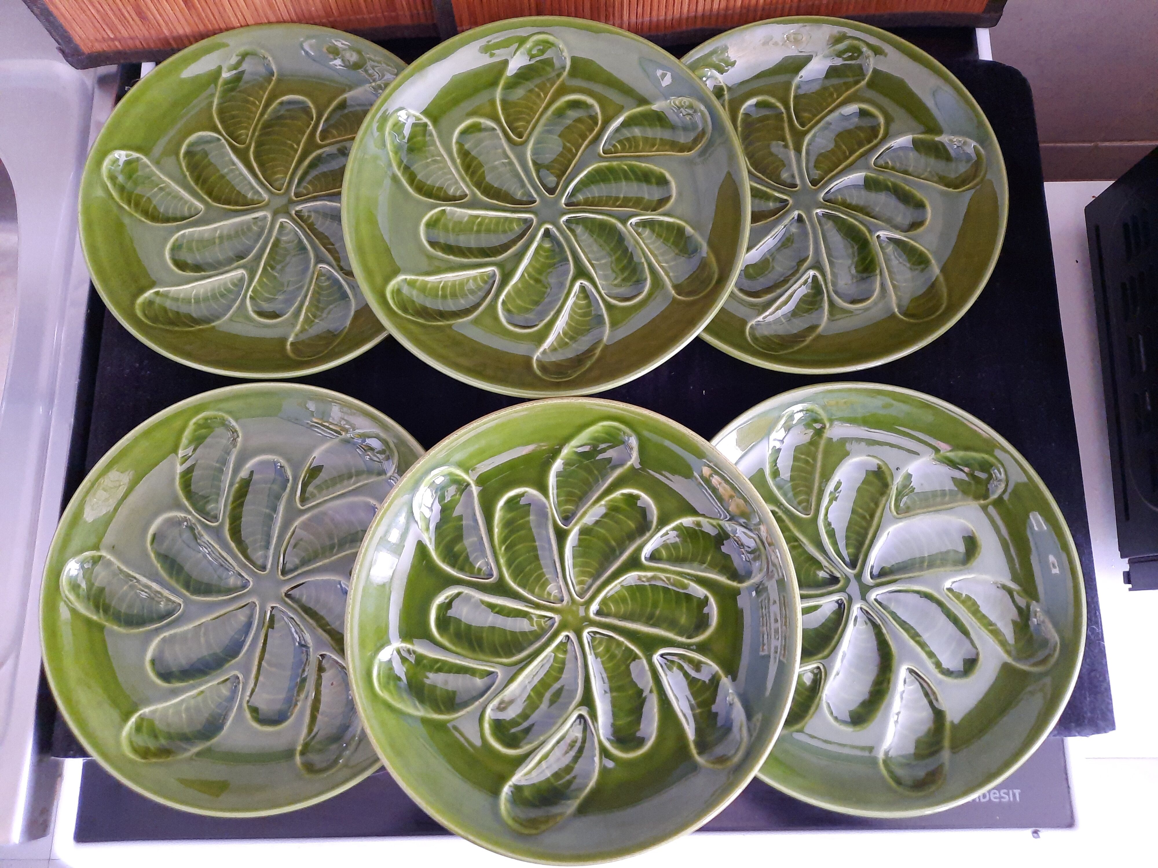 Set of 6 green oyster plates 25 cm – C.E.S France – Very good condition