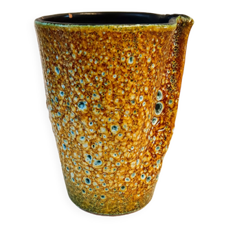 Small honey-colored “cyclops” enamel vase in Vallauris or Fat Lava style.
