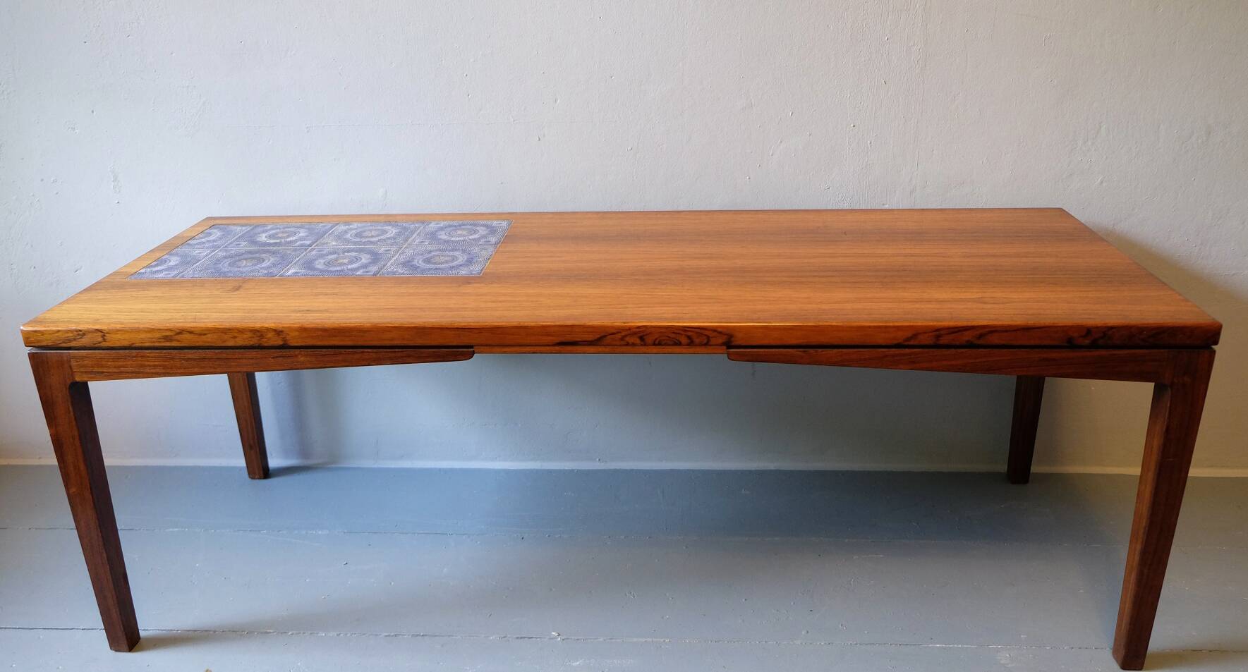 Danish rosewood and blue ceramic tile coffee table, Denmark 1960s