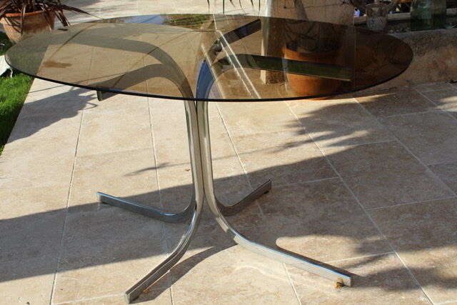 Oval glass and stainless steel table 70s