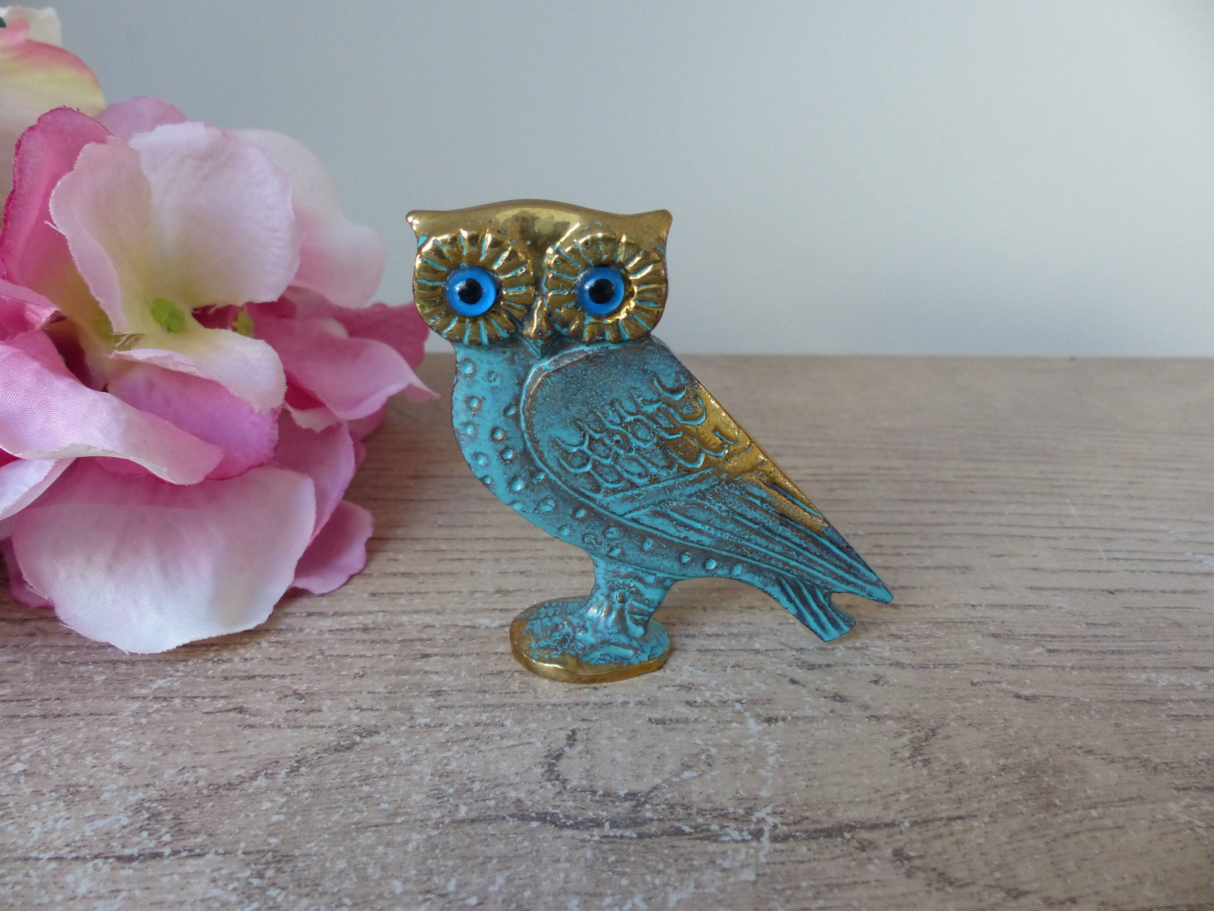 Miniature brass owl figurine with blue eyes, small owl vintage Greek art sculpture