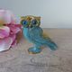 Miniature brass owl figurine with blue eyes, small owl vintage Greek art sculpture