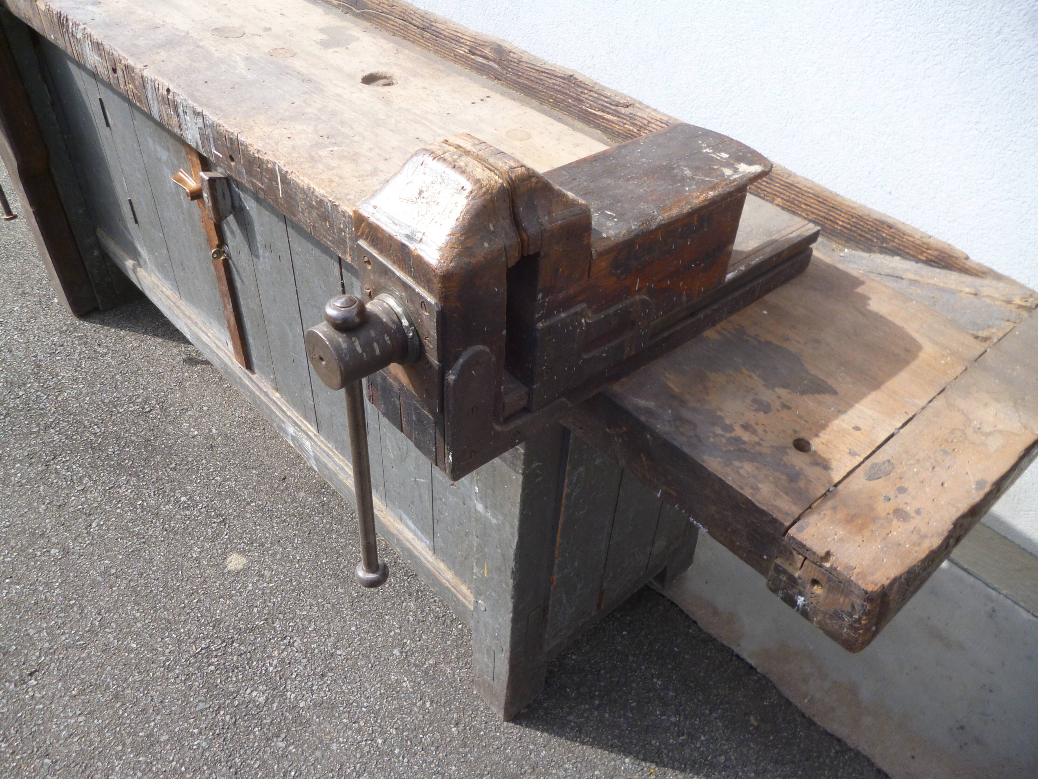 Peugeot brand old green patina wooden workbench