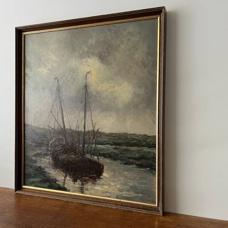 Peinture à l'huile de voilier vintage signée