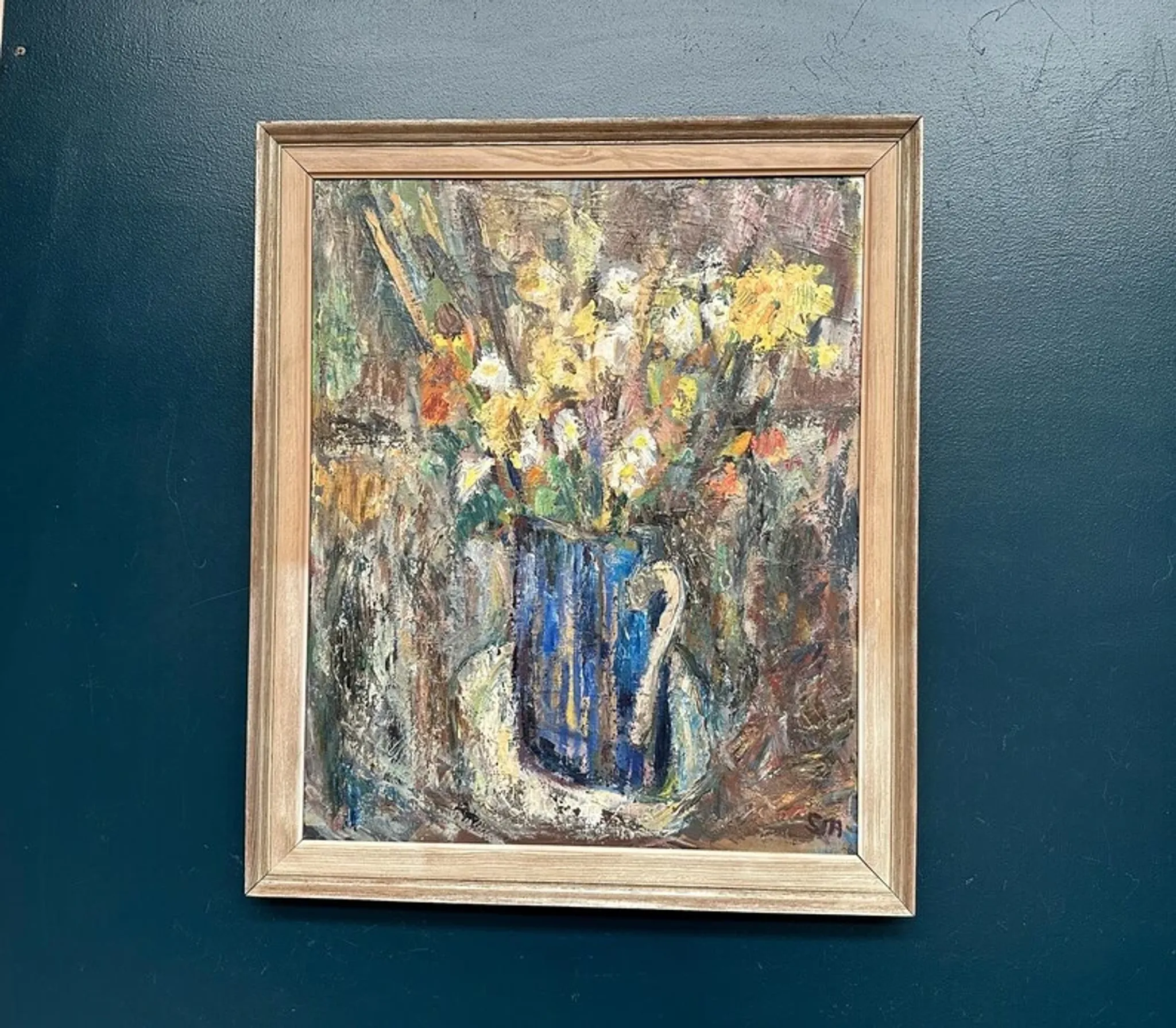 Original Swedish Oil on Panel – “Flowers in Blue Vase” by Sven Age – Signed – Vintage & Framed – 73 × 63 cm (28.7" × 24.8")