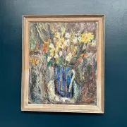 Original Swedish Oil on Panel – “Flowers in Blue Vase” by Sven Age – Signed – Vintage & Framed – 73 × 63 cm (28.7" × 24.8")