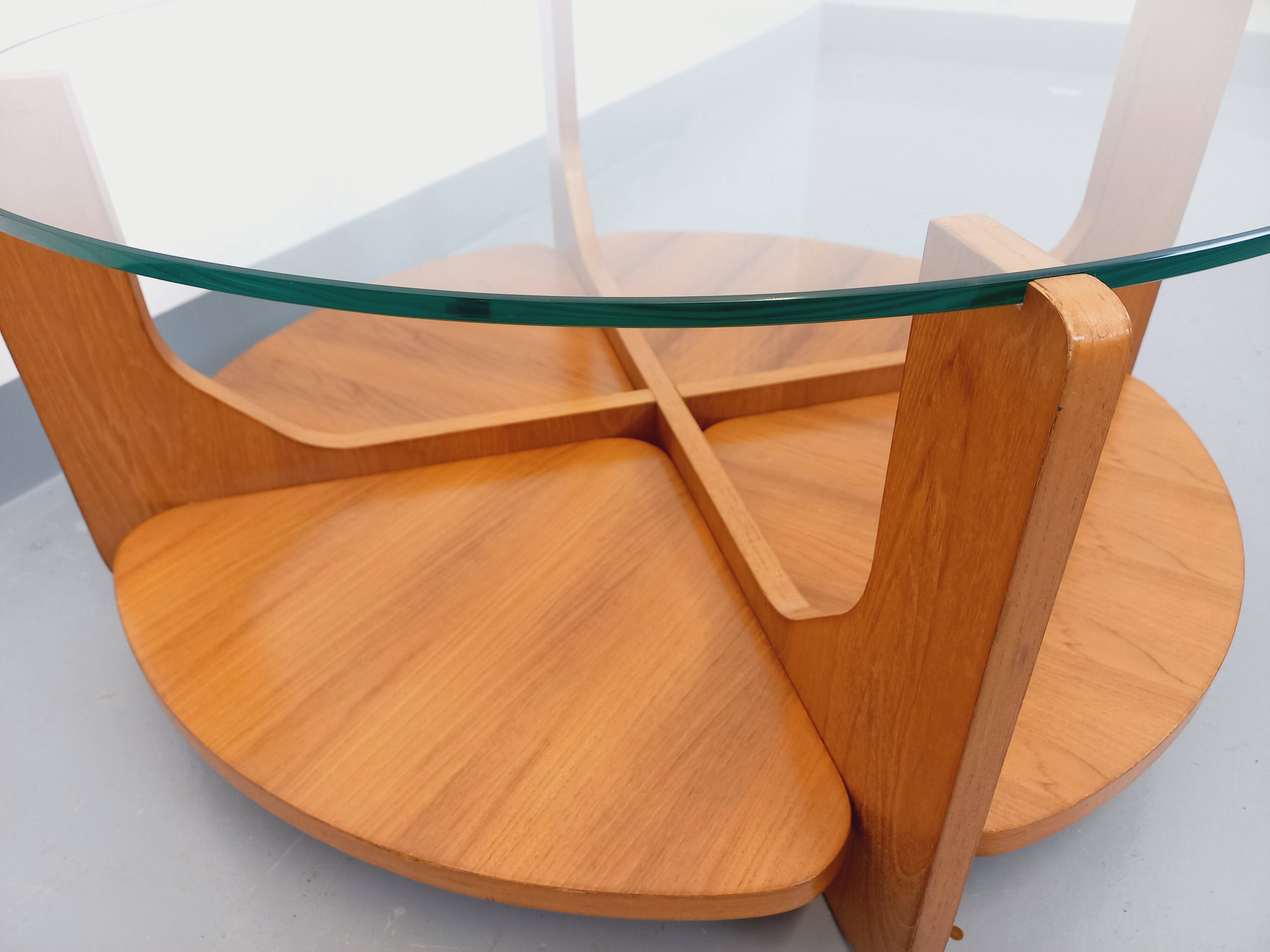 Vintage round coffee table with 2 tops by Hugues Poignant, in teak and glass