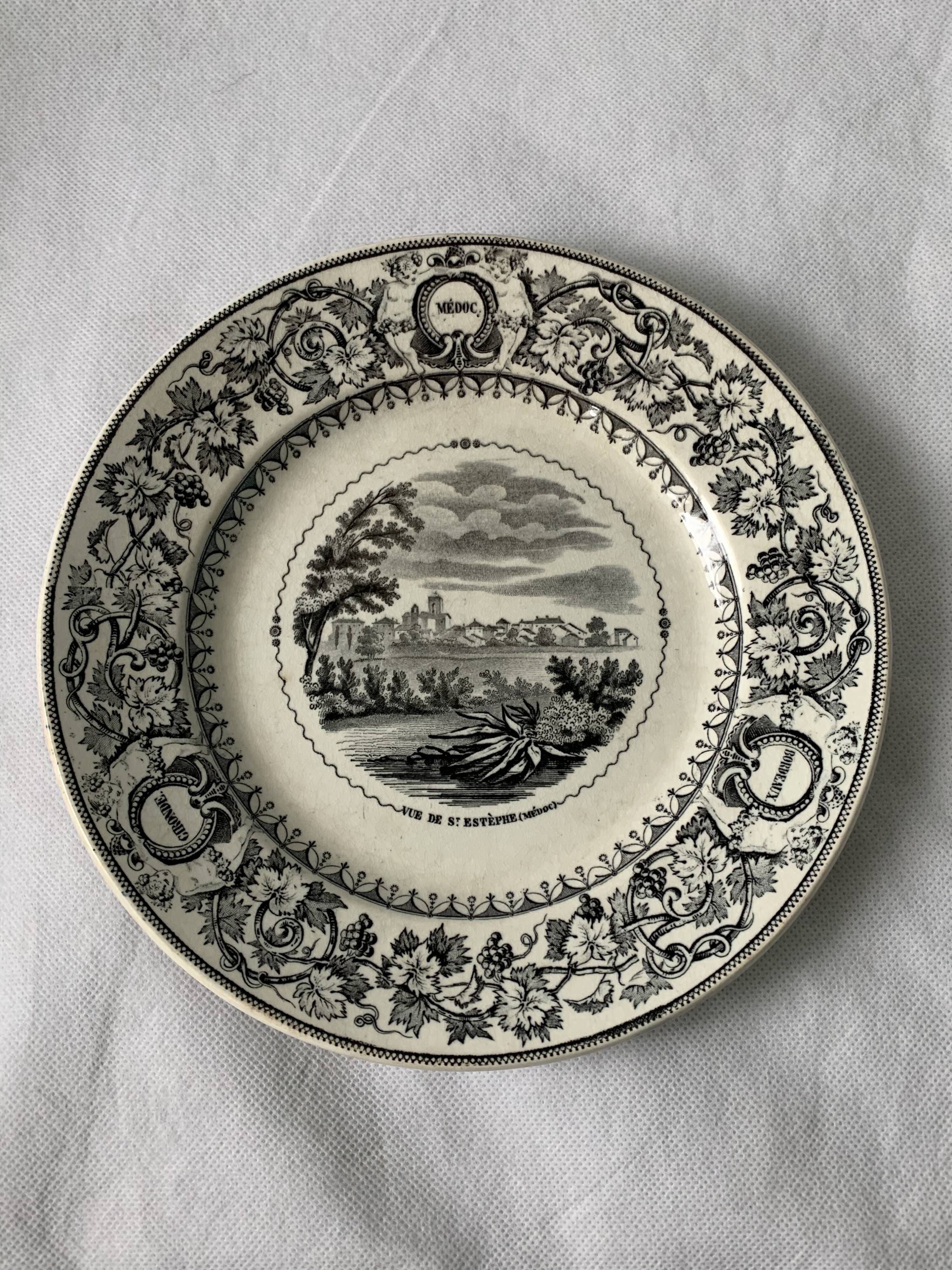 6 old dessert plates Old and Johnston Bordeaux 19th century Médoc and its castles