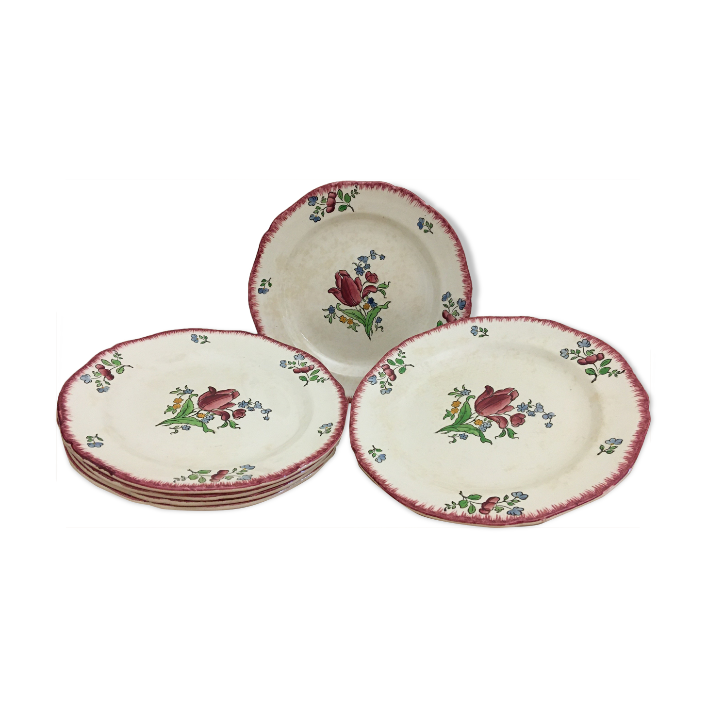 6 Flat plates in Earthenware of Gien with Flower Décor