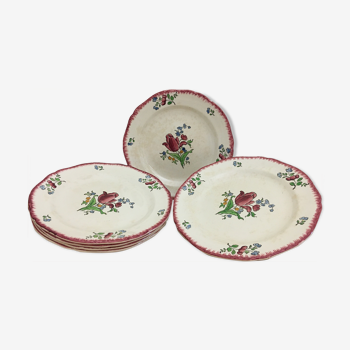 Set de 6 assiettes plates en faïence de Gien à décor de Fleurs