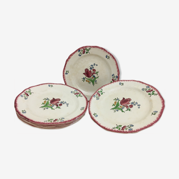 6 Flat plates in Earthenware of Gien with Flower Décor