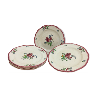 6 Flat plates in Earthenware of Gien with Flower Décor
