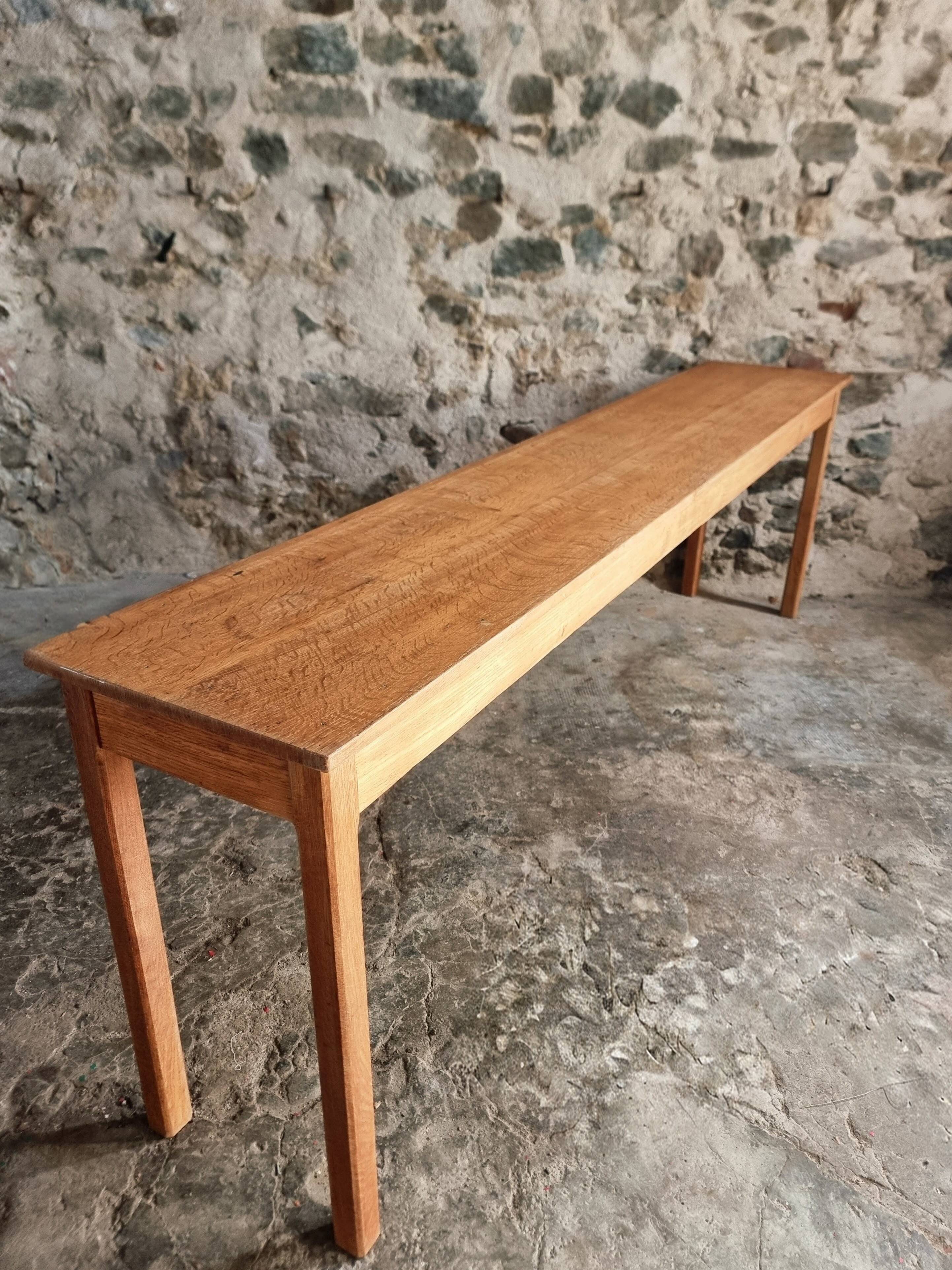 Old French oak console – Long and narrow farmhouse table 241 cm – Vichy hospital workshop from the 1950s