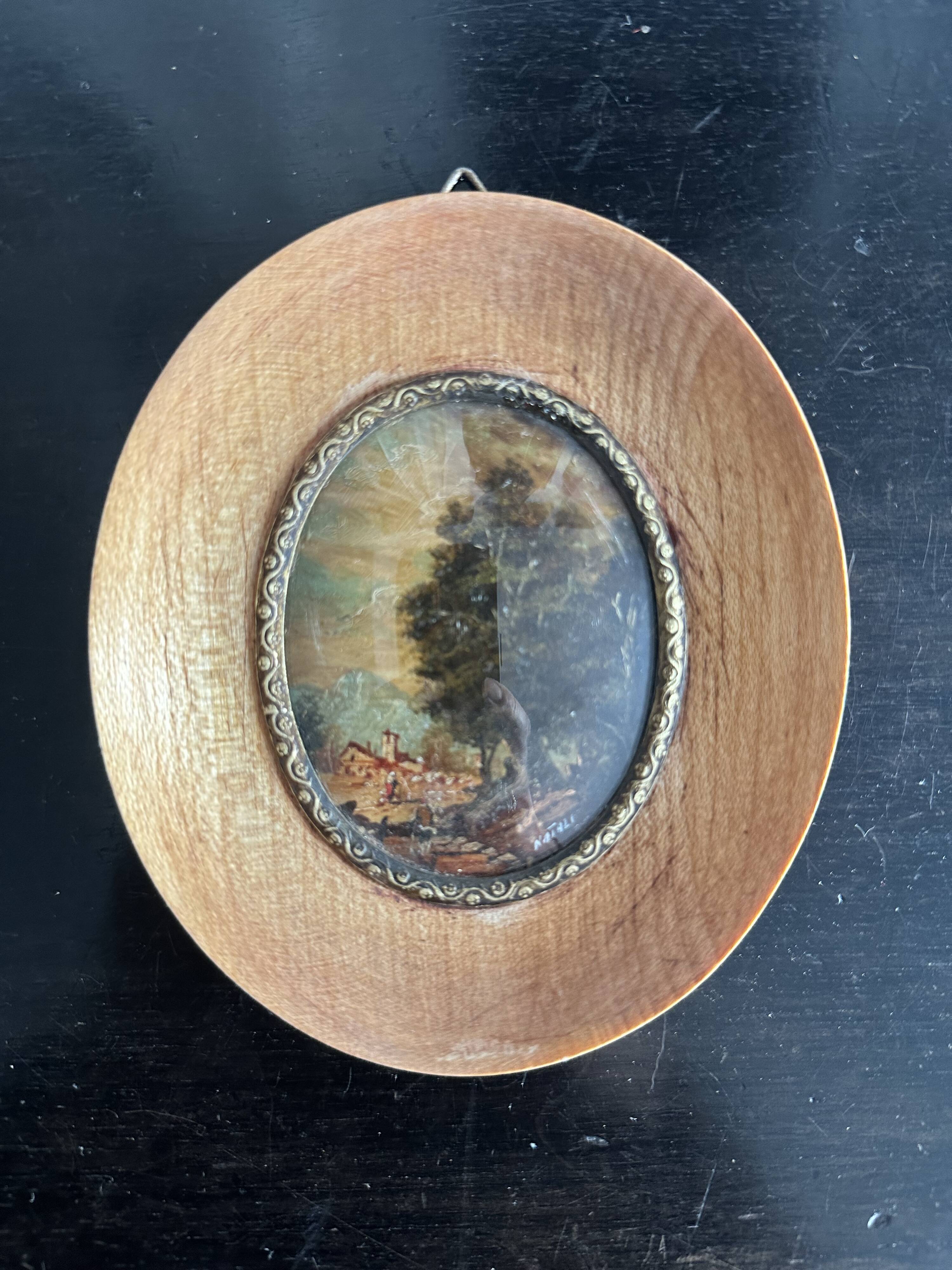 Antique oval miniature painting landscape signed Natali early 20th century