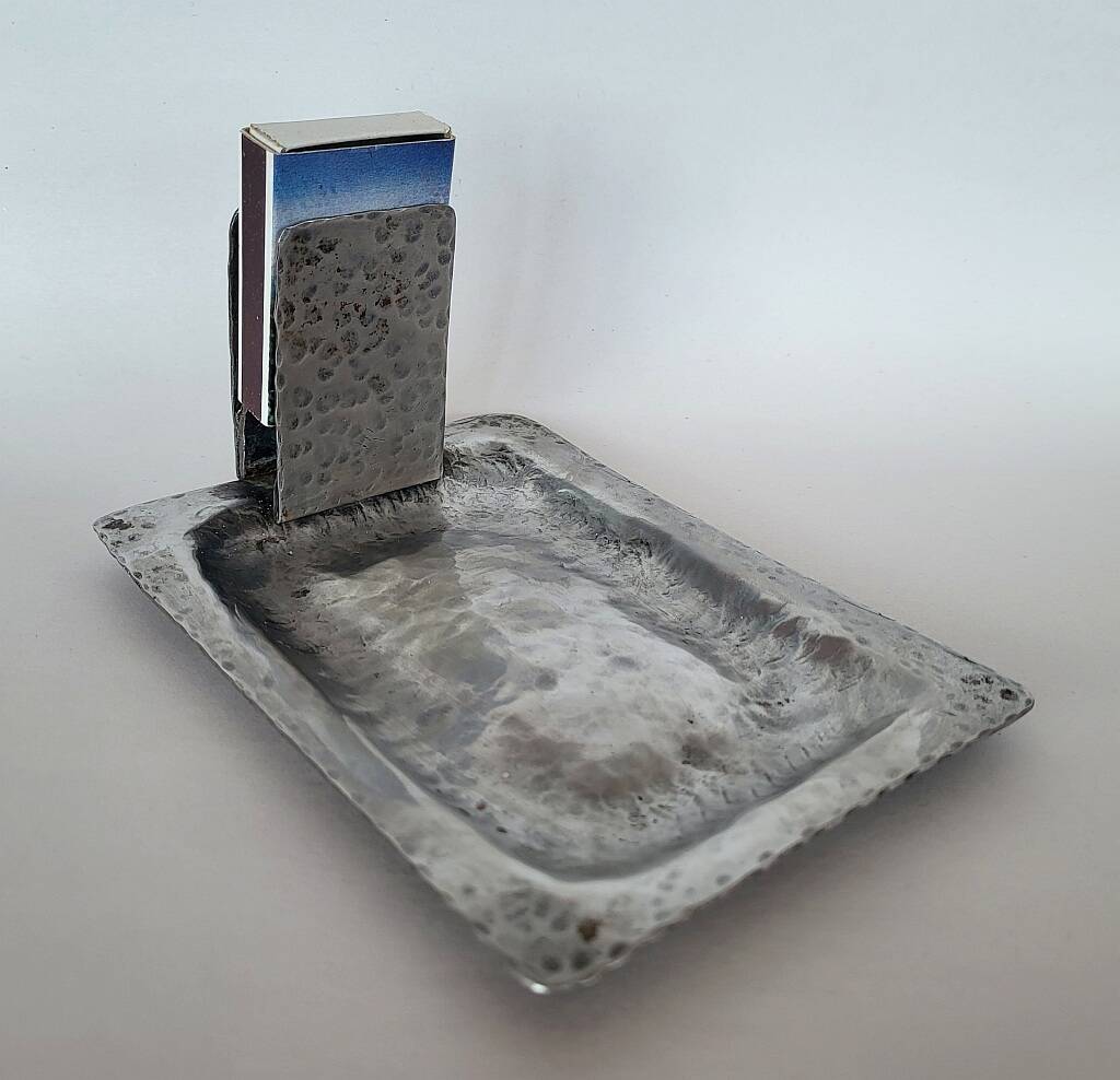 Arts and Crafts Pewter Ashtray and Matches Holder Hammered