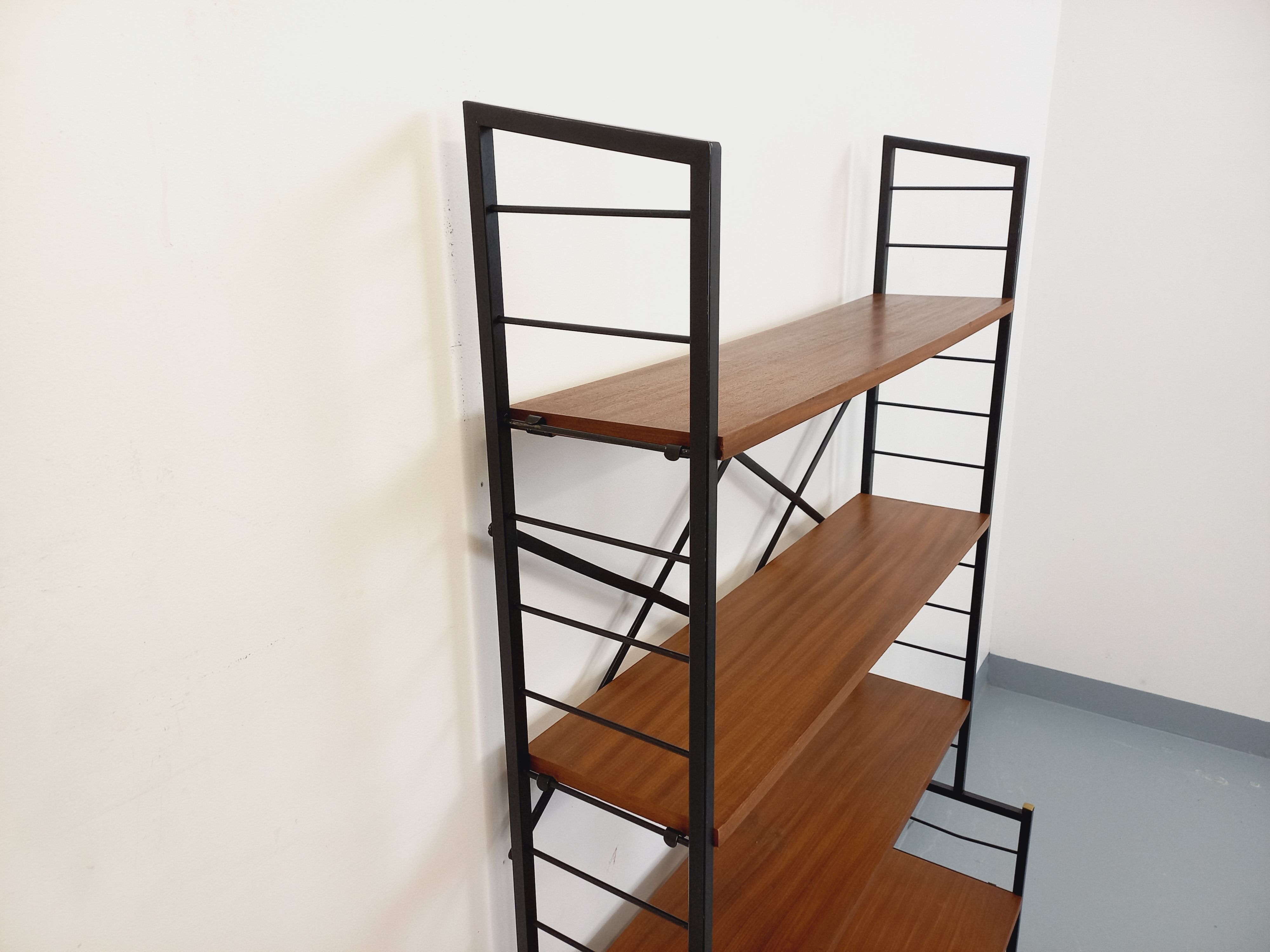 Vintage Italian bookshelf in teak and metal from the 1960s.