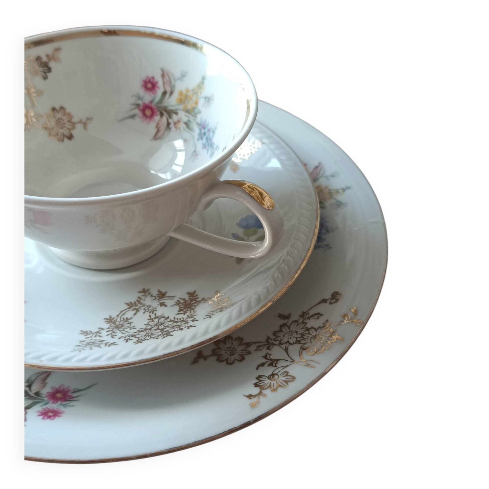 Antique porcelain trio Bavaria – cup, saucer, plate – flowers & do