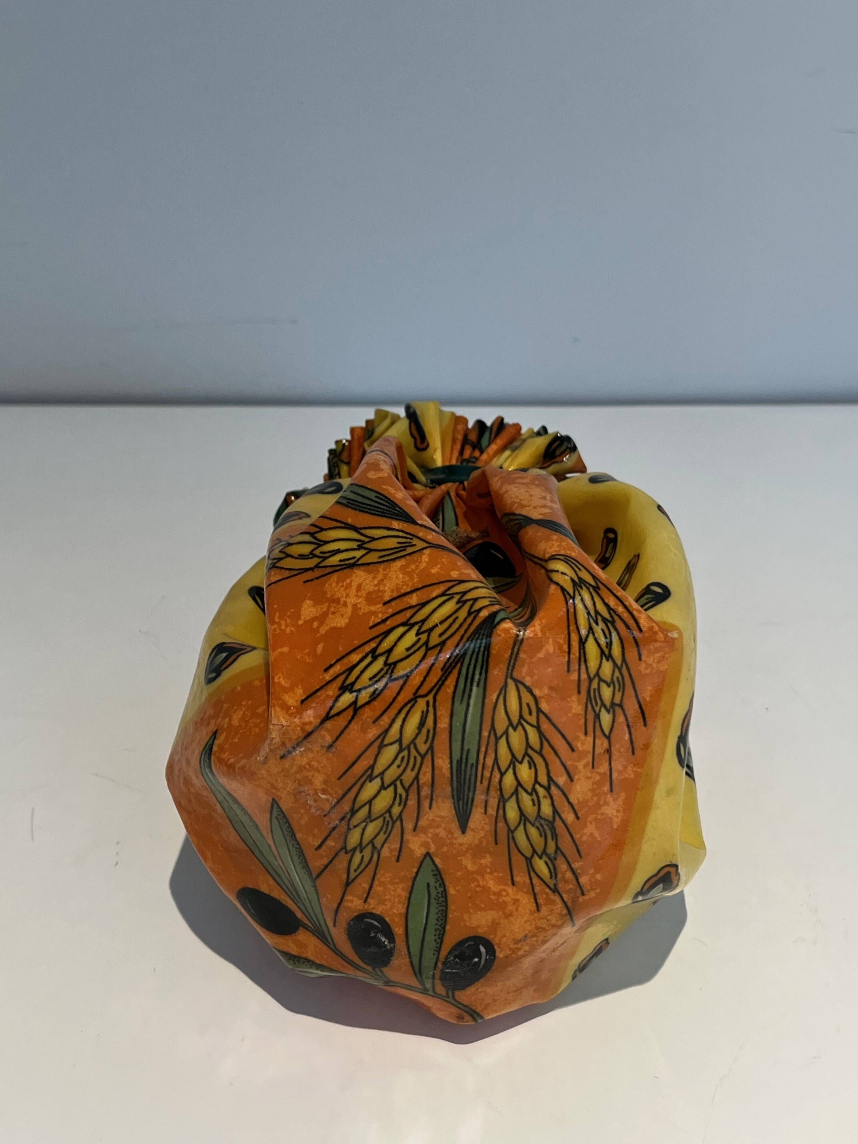 Trompe-l'Œil Ceramic Vase in the Shape of a Knotted Bag with Floral Decoration. Work