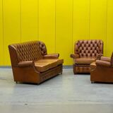 Vintage Chesterfield Brown Leather High Back sofa and Armchairs, Set of 3