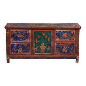 Coffre ancien peint à la main avec des motifs floraux (Année 1907) #100