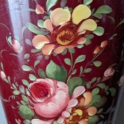 Antique metal umbrella stand with hand-painted floral decor, bohemian countryside