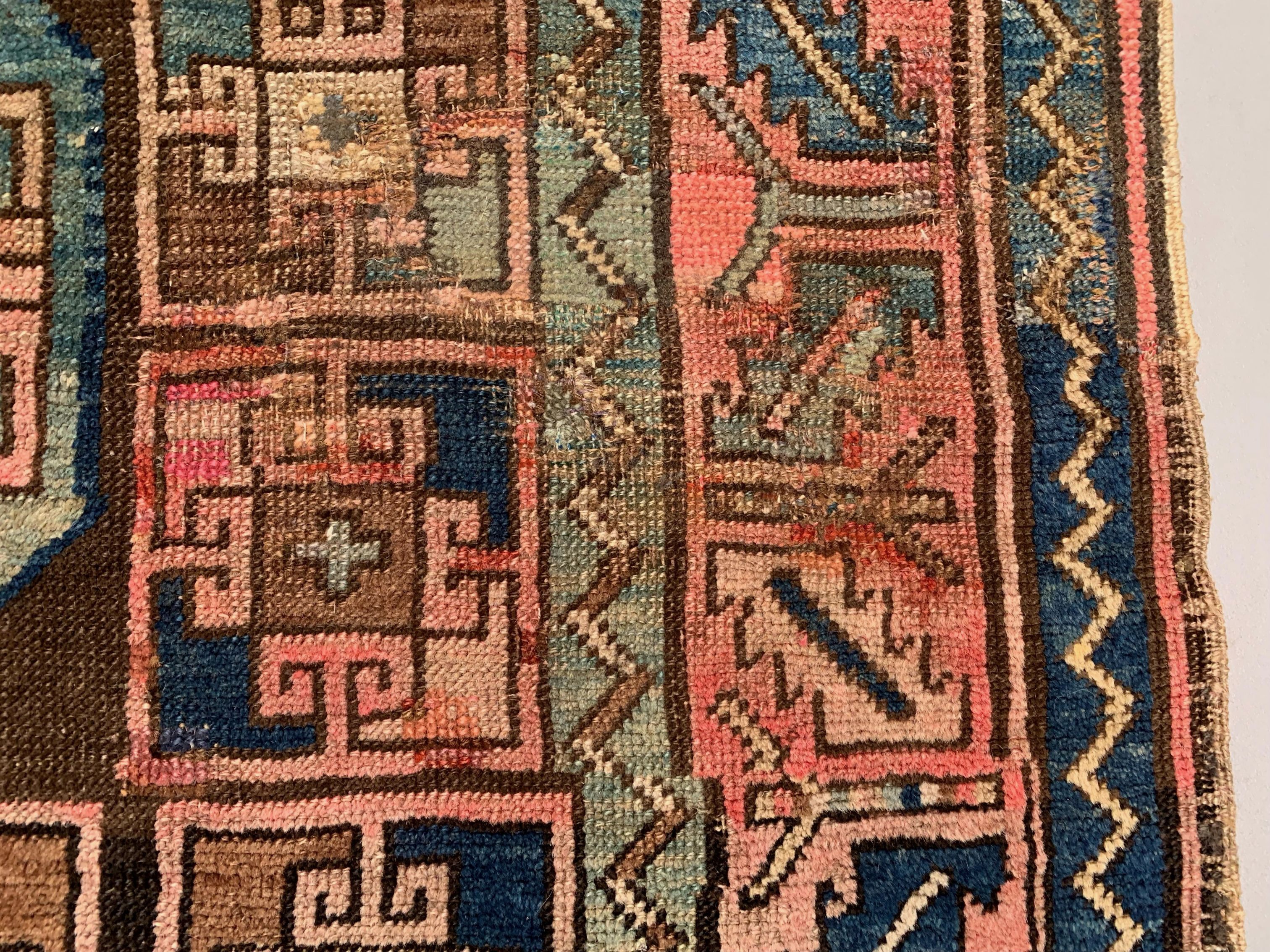 Old Turkish Kazak Rug 226x135 cm vintage tribal carpet, Red and Blue Large