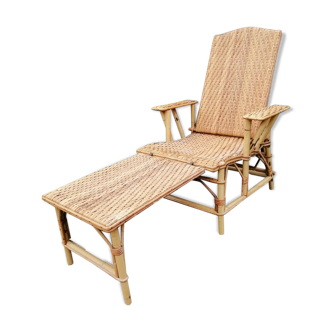 Vintage armchair lounge chair in rattan art deco with footrest and adjustable