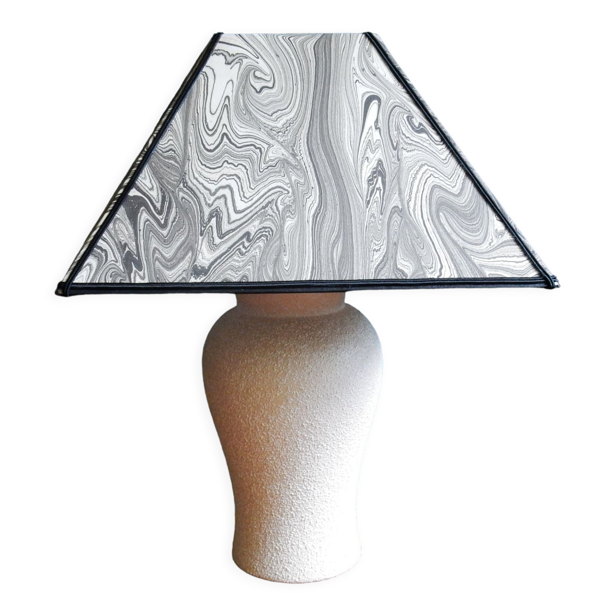 Vintage granite foot lamp and pyramid lampshade in marbled paper