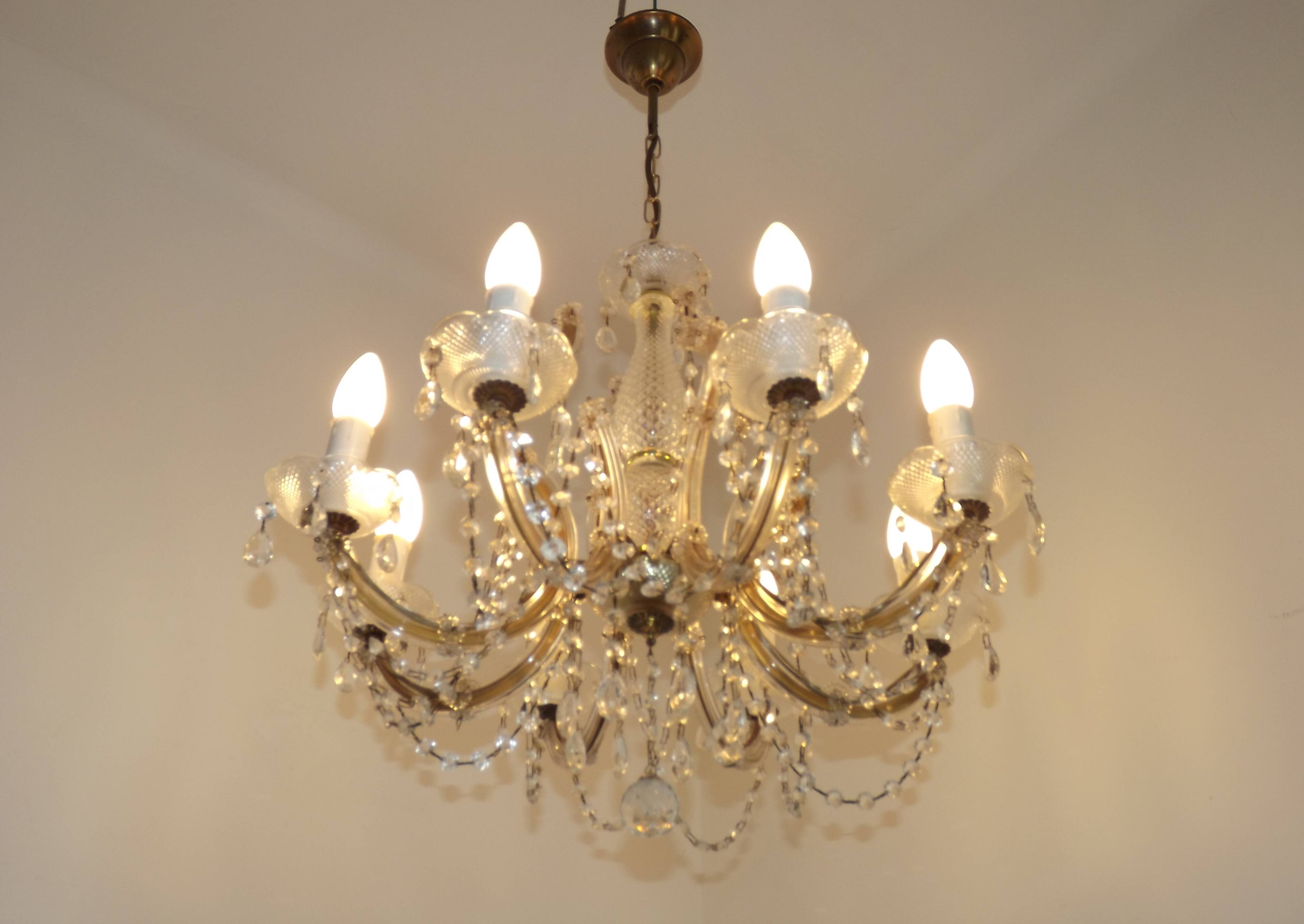 Mid-Century Brass Glass & Crystal Maria Theresa Style 8 Arm Chandelier 5446