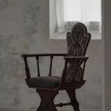 Scandinavian armchair in solid oak with cushion, folk art, early 19th century.