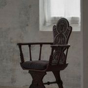 Scandinavian armchair in solid oak with cushion, folk art, early 19th century.