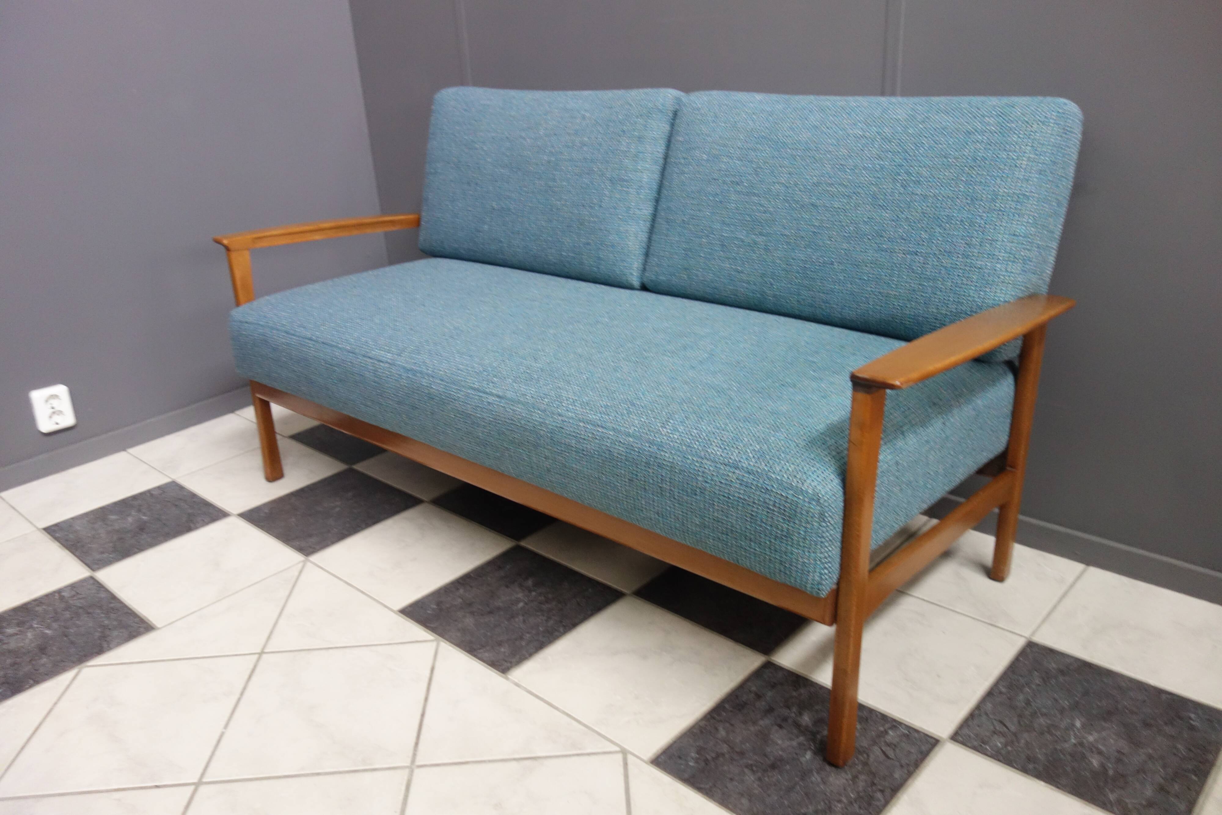 Blue fabric daybed wood frame 1960s