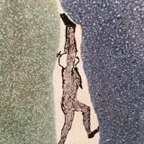 Glazed ceramic plate representation man between two lands unknown signature