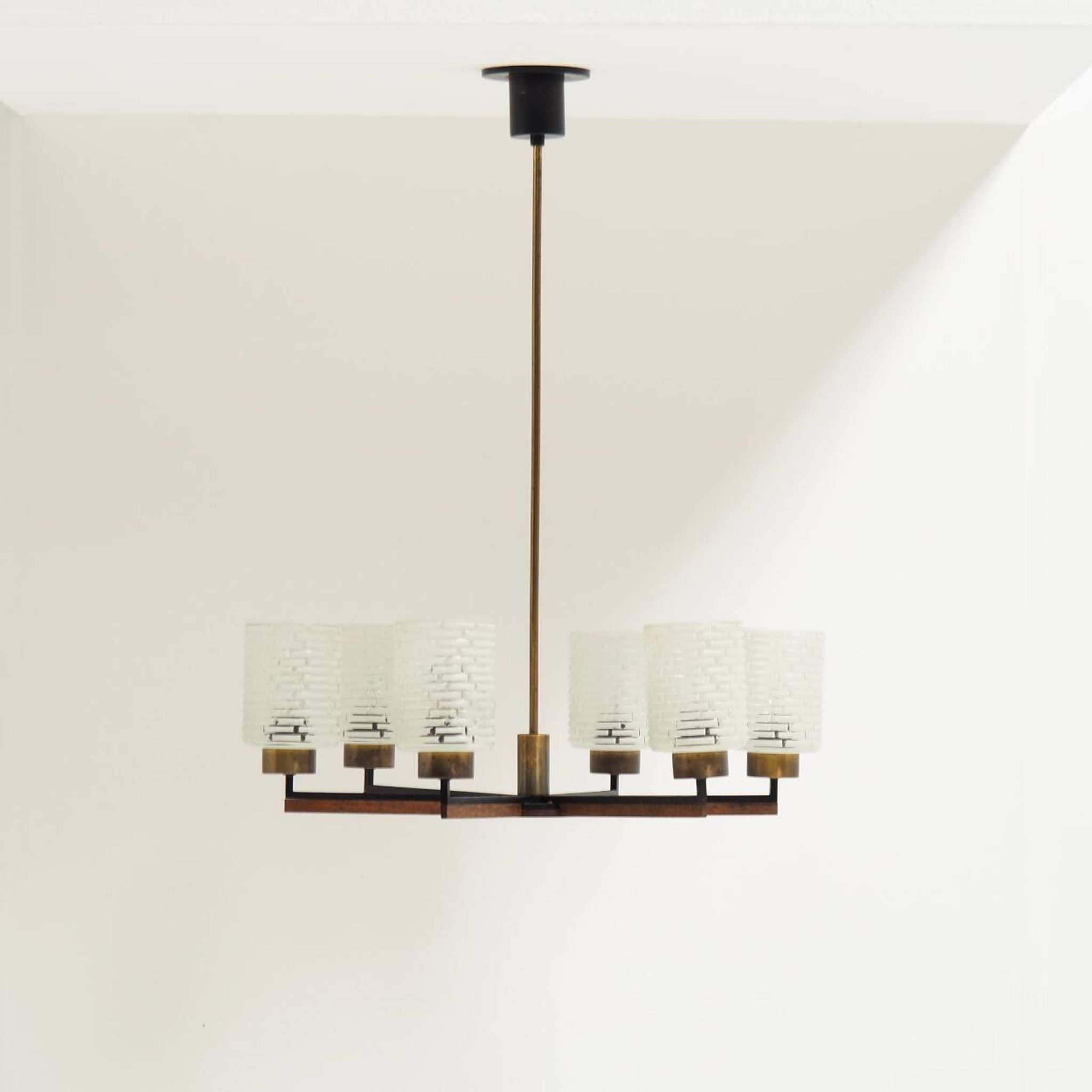 Vintage Philips 6-Light Chandelier in Brass, Teak & Black Metal