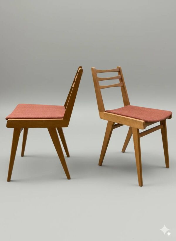 Paire de chaises vintage en bois massif & assise tissu terracotta