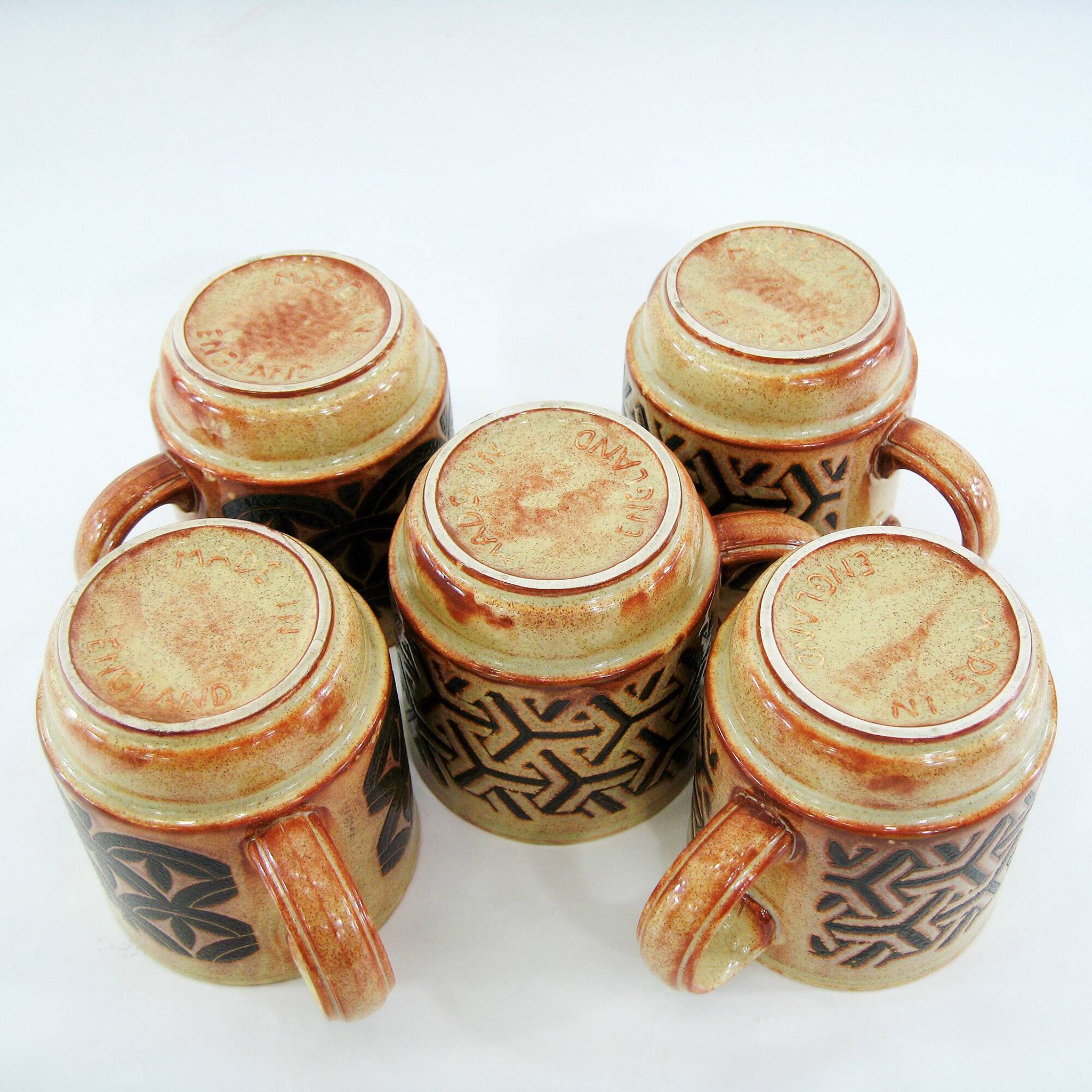 5 beige and fawn stoneware mugs - brown geometric decor - made in England - vintage 70s