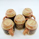 5 beige and fawn stoneware mugs - brown geometric decor - made in England - vintage 70s