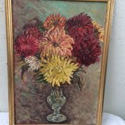 Table, the bouquet of Dahlias, on wood, framed