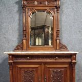 Buffet with mirror in Renaissance style, entirely made of solid walnut.