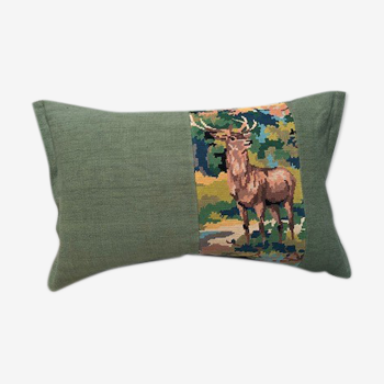 Green upcycled cushion "in the woods" - 40x60 cm - linen & canvas