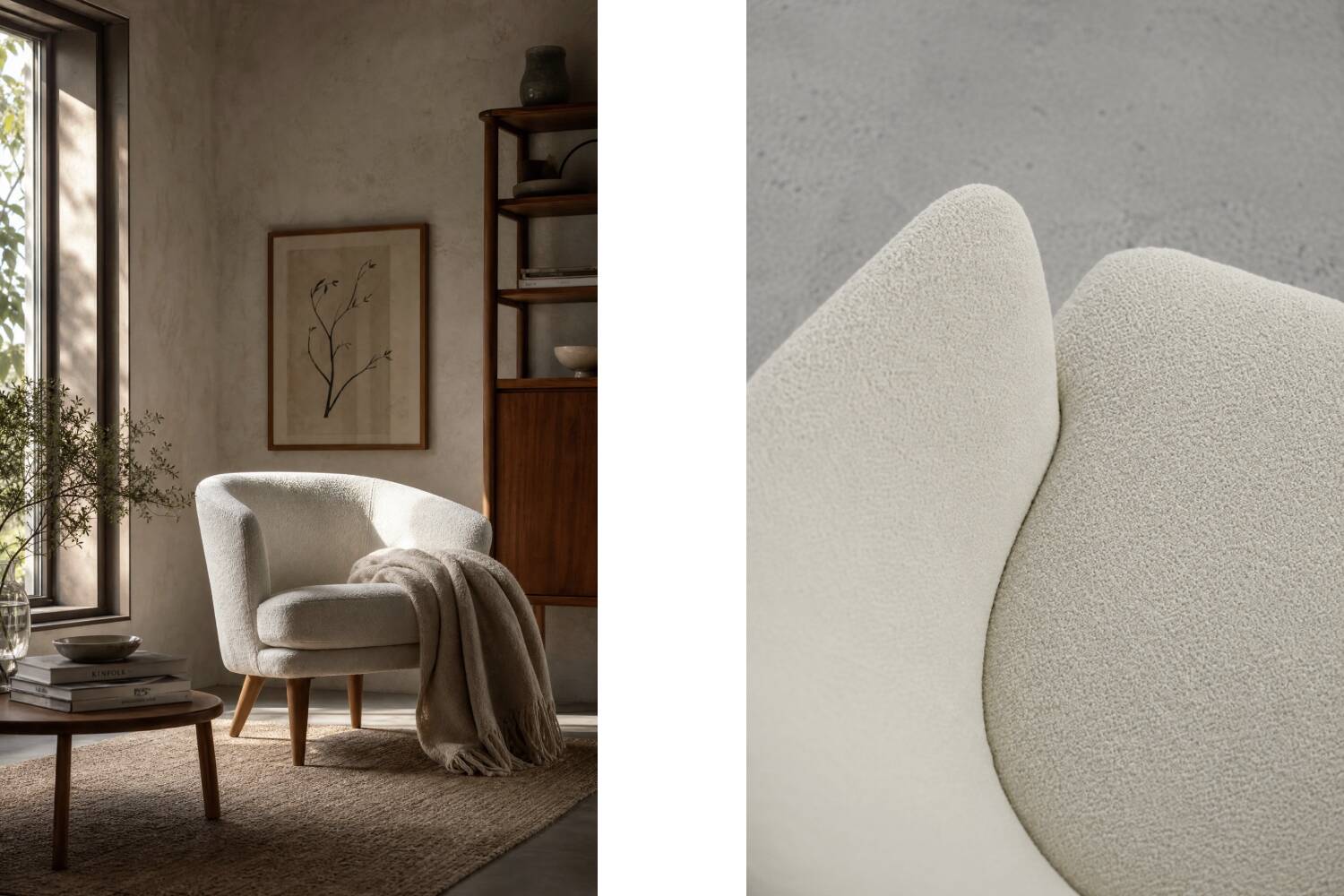 Low Mid-Century Scandinavian Modern Oak & Fabric Armchair with Rounded Back