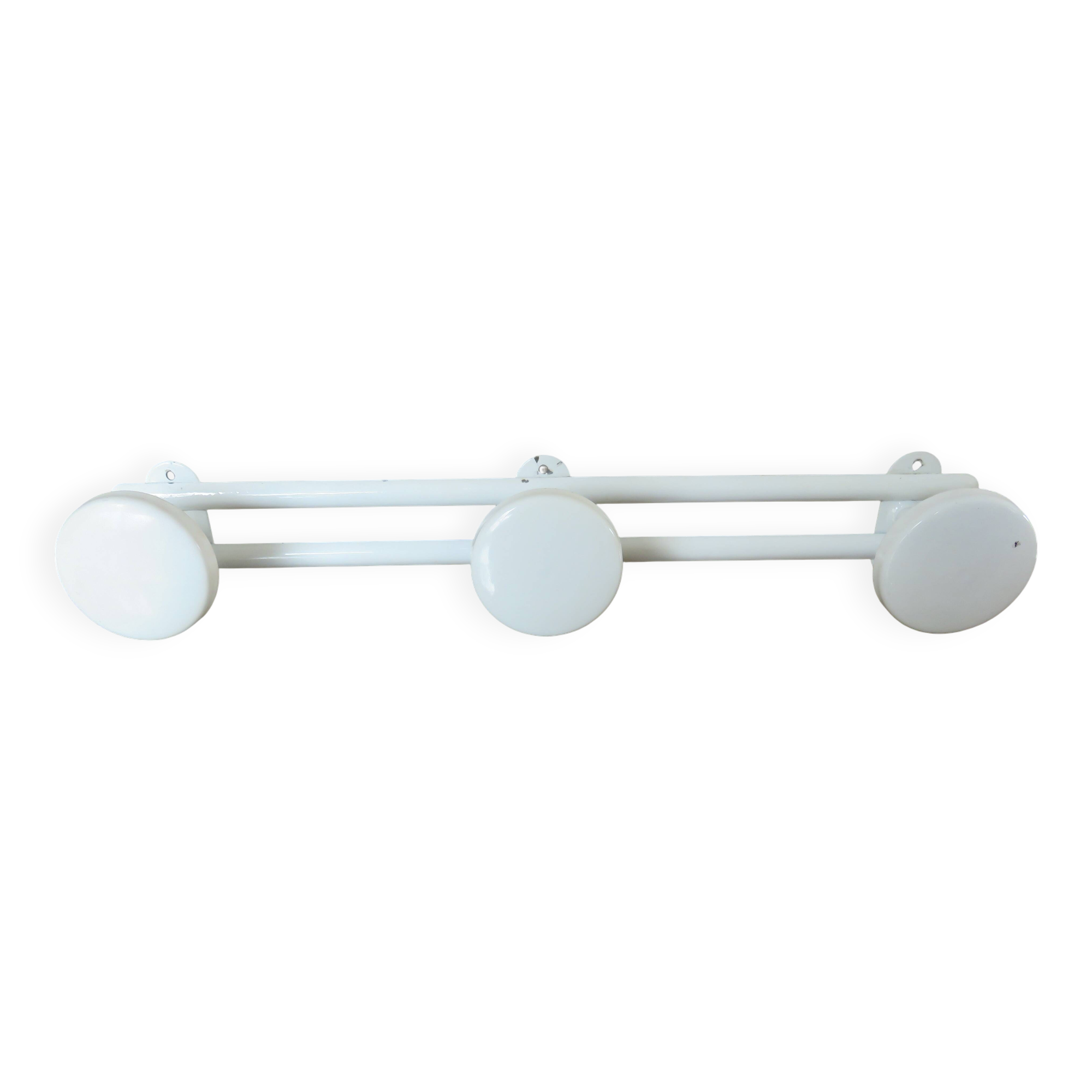 White lacquered metal wall coat rack, 3 hooks, 70s-80s