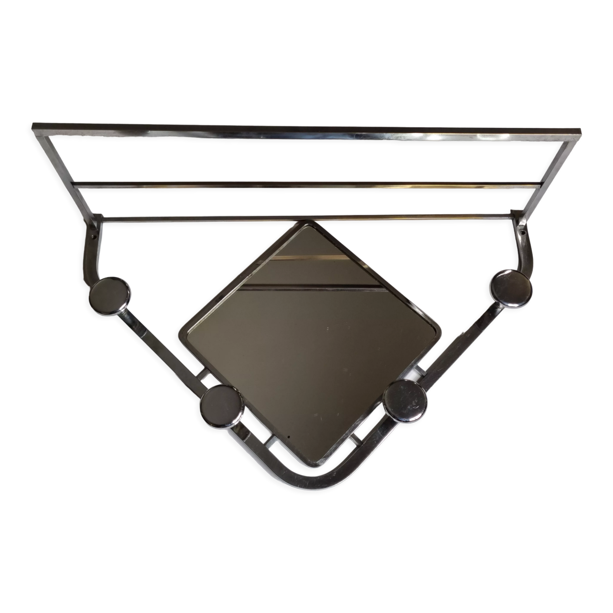 Wall mounted chromed metal coat rack with square mirror, 4 hooks and a hat rack, 50s