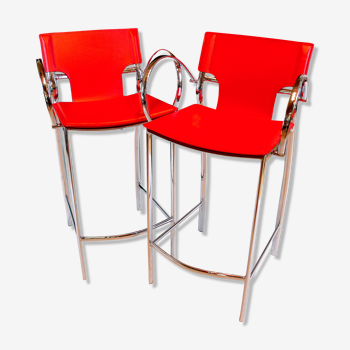 Late 20th Century Chrome and Red Leather Stools - a Pair