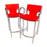 Late 20th Century Chrome and Red Leather Stools - a Pair