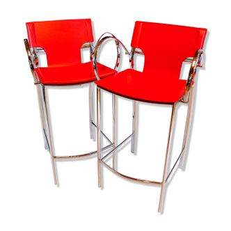 Late 20th Century Chrome and Red Leather Stools - a Pair