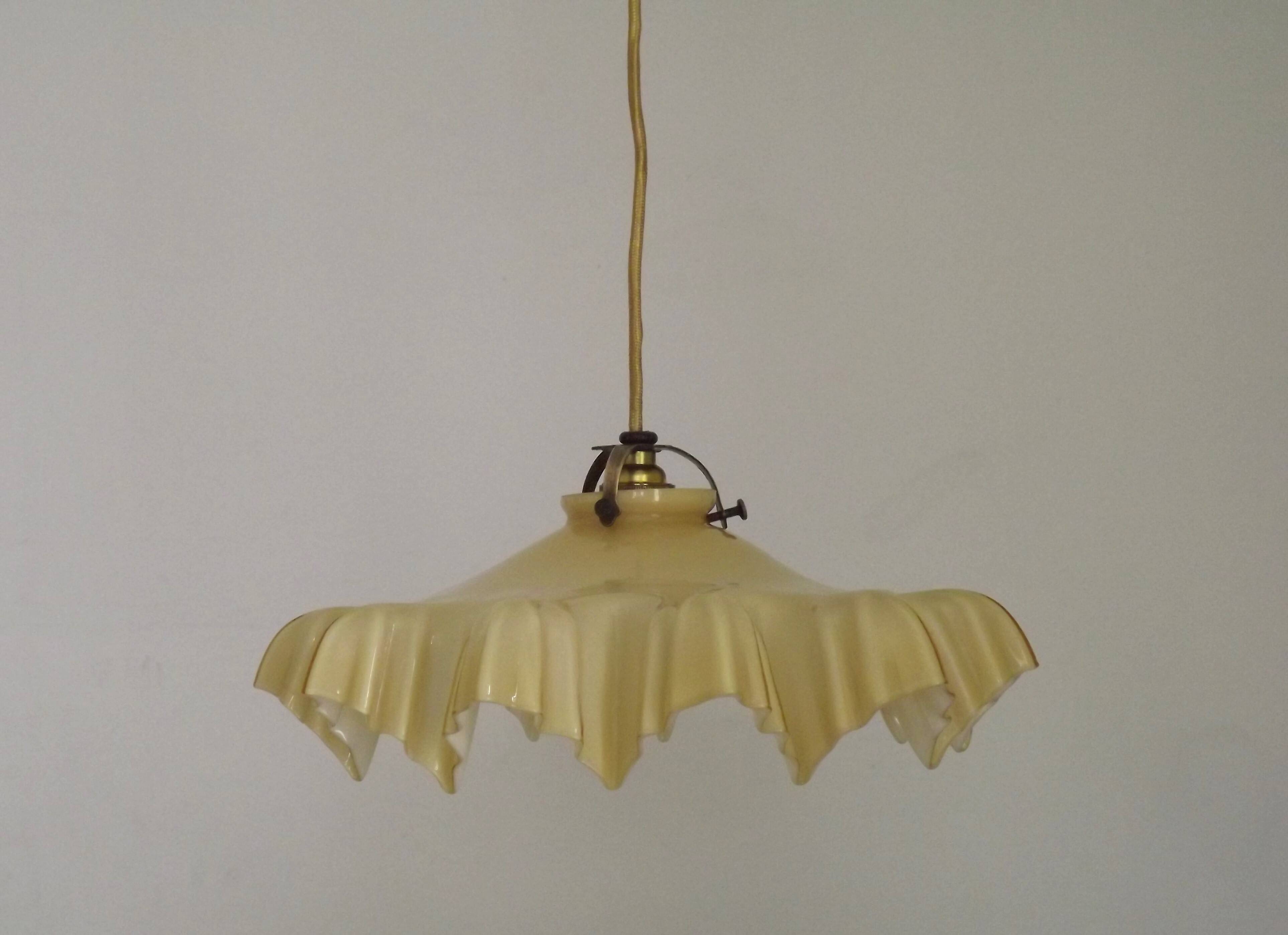 Vintage French Art Deco Yellow & White Glass Pendant Light Frilled 5495