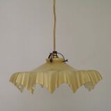 Vintage French Art Deco Yellow & White Glass Pendant Light Frilled 5495