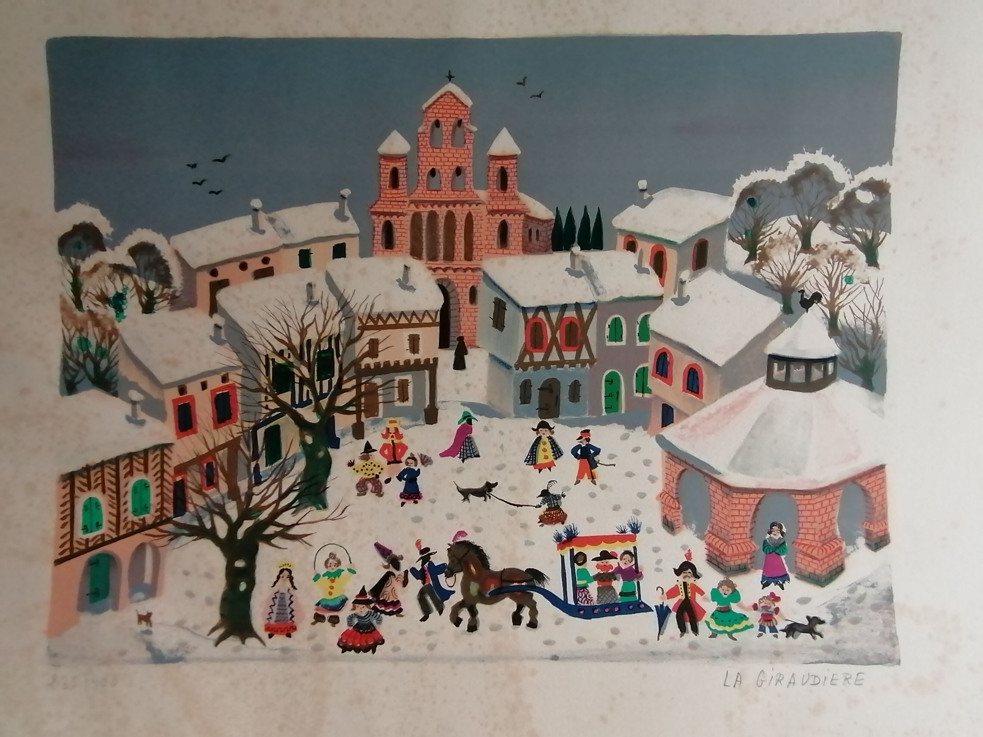 Lithography. Mady DE LA GIRAUDIERE (1922-2018) Naïve art . Signed. Numbered.