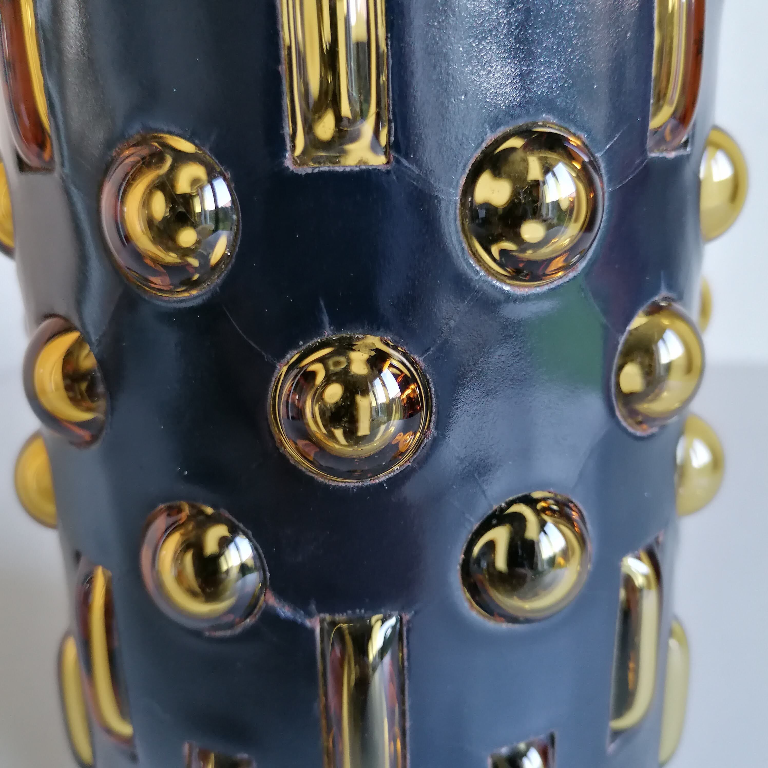 Amber blown glass and midnight blue metal hanging lamp 1960